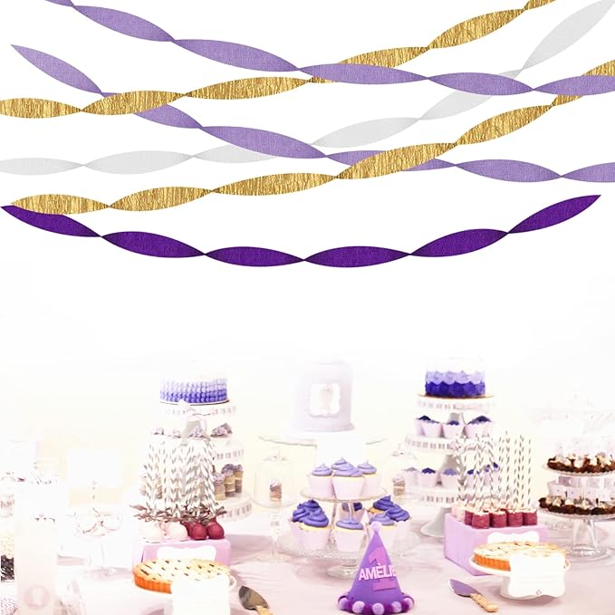 Purple-Gold Party Decorations Crepe-Paper Streamers - 8 Rolls White Purple Lavender Graduation Steamer Woman Birthday Wedding Bridal Shower Paper Garland Mothers Decor Panduola