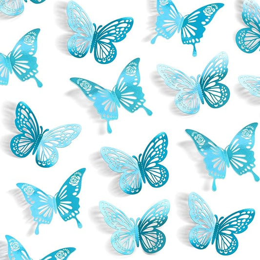 Light Blue Butterfly Decorations, 48Pcs 2 Styles 3 Sizes Butterflies for Grad Graduation Caps Cake Cupcake Toppers, 3D Paper Sticker for Bouquets Birthday Baby Shower Kids Girl Room Wall Nursery Decor