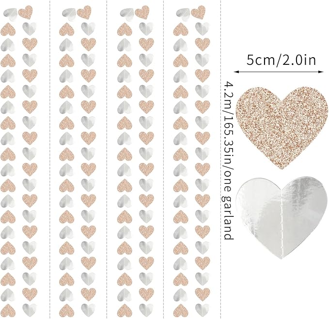 Champagne-Silver Disco Boho Party-Decoration Heart Garland - 52ft Glitter Birthday New Years Eve Hanging Backdrop Streamers,Engagement Wedding Bachelorette Banner Decor Lasting Surprise