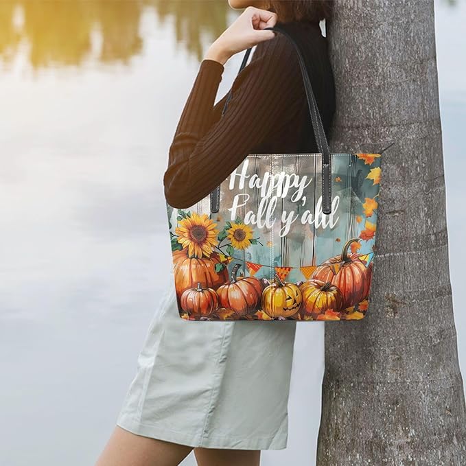 Harvest Pumpkins Fall Thanksgiving PU Leather Tote Bag for Women – Top Handle, Waterproof, Large Capacity Shoulder Bag for Travel Work Shopping