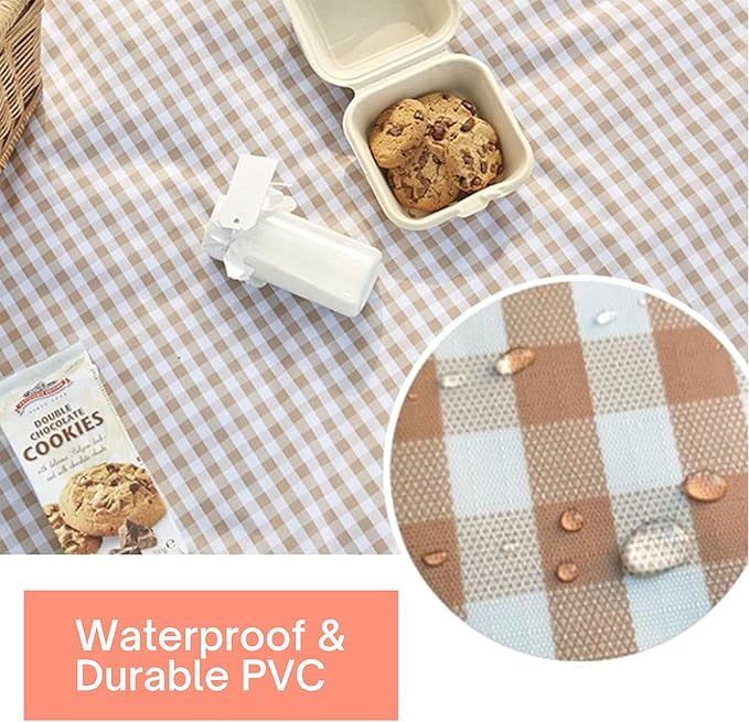ESLA Cute Gingham Picnic Blanket, Waterproof Foldable, in Large 80x60in and Extra Large 80x80in, Portable Compact Beach Blanket, Oversized XL Outdoor Mat, Tan Gingham