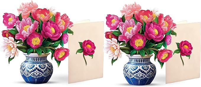 Freshcut Paper Pop Up Cards, Mini Peony Paradise (Set of 2), 6 Inch Mini Sized Forever Flower Bouquet 3D Popup Greeting Cards, Birthday Cards, Thank You Card, Teacher Gifts, Blank Notecard & Envelope