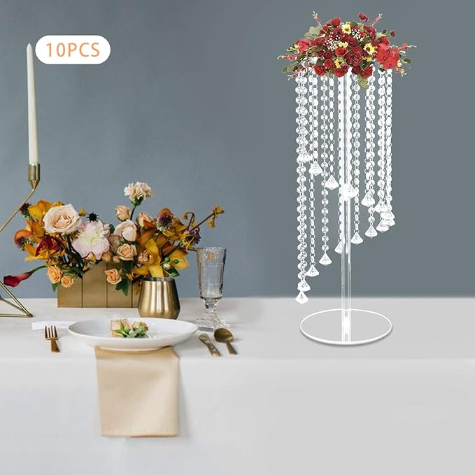 Wedding Centerpieces Gold Vases,10PCS Metal Flower Candle Holder with Sparkling Crystal Beads,Crystal Flower Vase Metal Flowers Stand for Party Tables Decorations (23.6inch Slivwer)