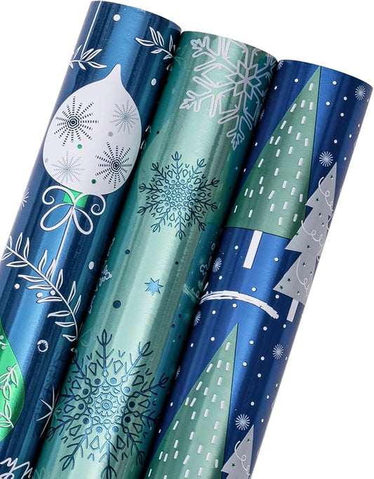 MAYPLUSS Christmas Wrapping Paper Roll - Mini Roll - 17 inch X 120 inch Per roll - Blue & Green Holiday Ornaments, Holiday Tree, Snowflakes with Glitter Metallic Foil Design(42.3 sq.ft.ttl)