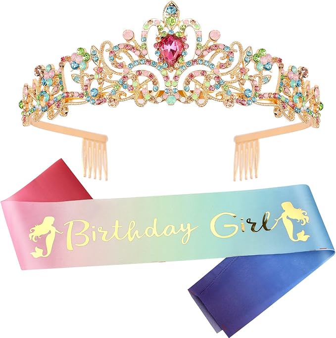 VELSCRUN Birthday Tiara & Crown Set - Princess Sash, Happy Birthday Girl Tiara, Party Decorations & Gifts