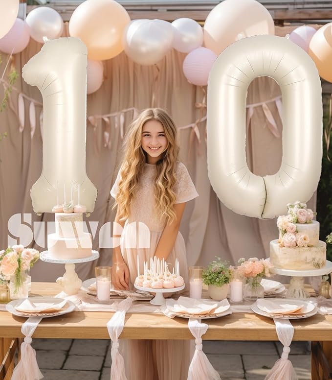 SUWEN 40 Inch Cream White Large 10 Balloon Numbers Big Foil Helium Number Balloons 0-9 Jumbo Happy 10th Mylar Birthday Party Decorations for Boy or Girl Anniversary Party Supplies