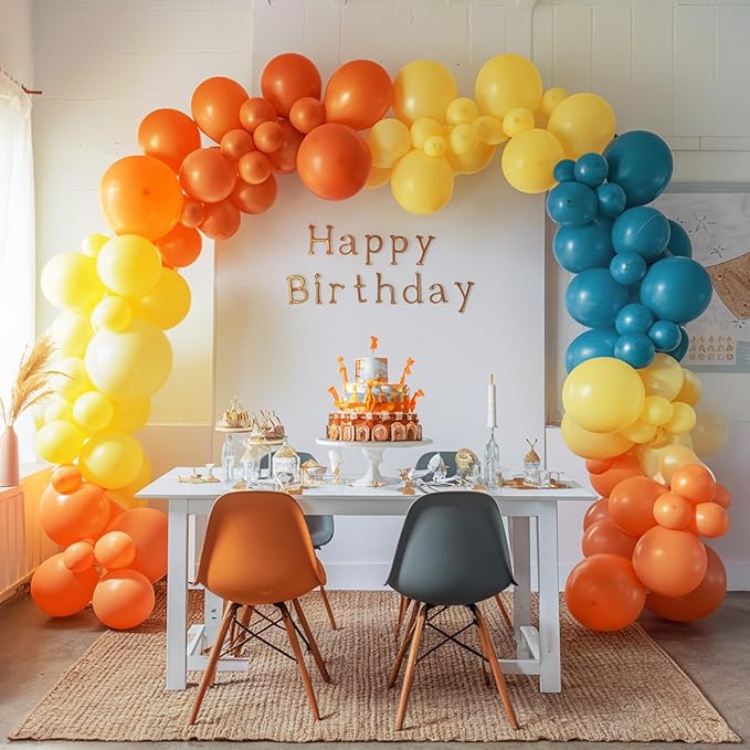 120Pcs Retro Blue Orange Yellow Balloon Arch Kit, Here Comes Balloon Garland Slate Blue Mustard Yellow for Baby Shower Boy First Trip Around the Sun Theme Birthday Boho Party Decoration