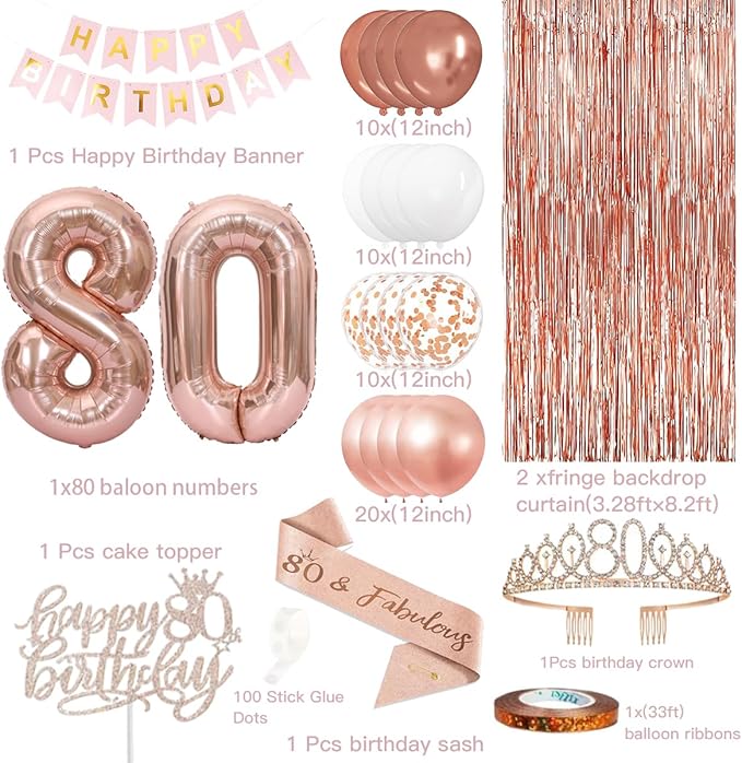 80th Birthday Decorations for Women, Happy 80th Birthday Banner Cake Topper Balloons Sash and Crown, Rose Gold 80t'h Party Decorations for Girls