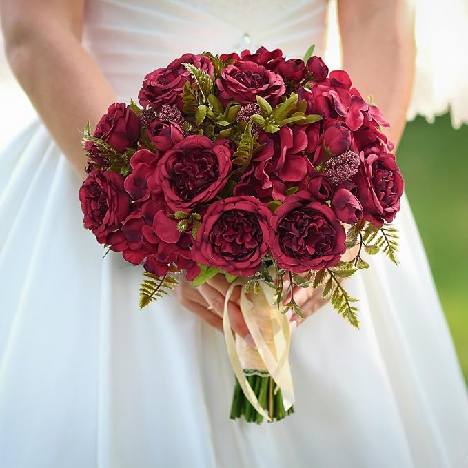 MARTINE MALL 4 Packs Peonies Artificial Flowers, Burgundy Artificial Peonies, Silk Peonies Flowers Fake Peonies Artificial Flowers Peonies Bouquet for Halloween Centerpiece Table Wedding Home Decor