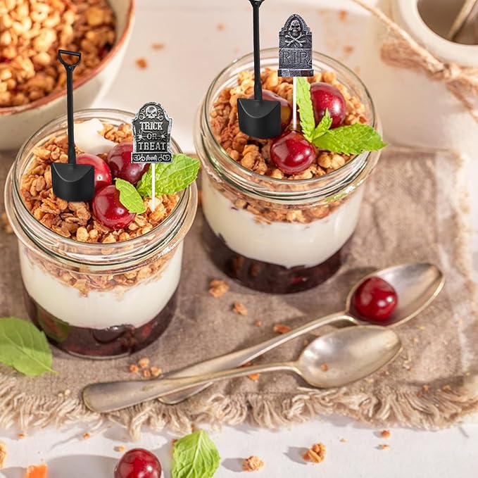 Halloween Cupcake Toppers Cake Decorations Tombstones Graveyard Skull Cupcake Toppers Pick Decor with Novelty Mini Shovel Spoons for Halloween, Birthday Party Decoration Supplies, 24 Pieces