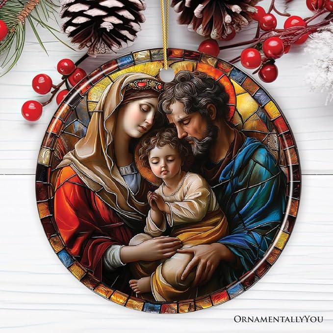 The Holy Embrace Stained Glass Themed Ceramic Ornament, Birth of Jesus Nativity Scene with Joseph and Mary
