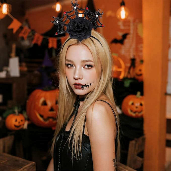 Halloween Headbands, Black Spider Web Hairband Halloween Accessories for Cosplay Woman Man (Flower Red)
