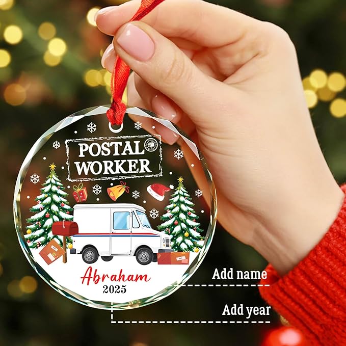 Postal Worker Glass Ornaments, Mail Carrier Christmas Tree Ornament Custom Name, Xmas Holiday Keepsake Gifts for Mailman Postman, Personalized Merry Christmas Postal Worker Ornament Gifts Ideas