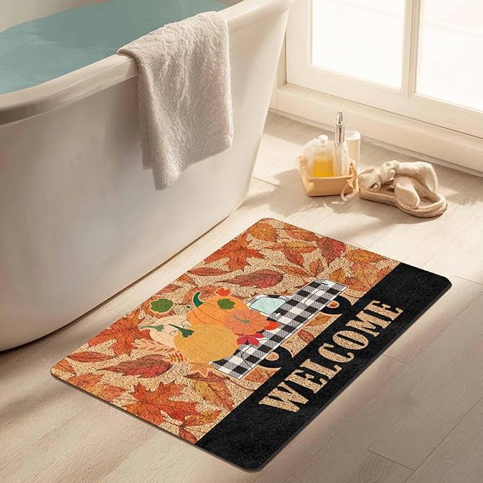 Fall Welcome Maple Leafs Decorative Door Mat, Autumn Thanksgiving Doormat for Indoor Outdoor Entrance Floor Mats,Fall Pumpkins Non Slip Harvest Vintage Decor Rubber Welcome Mats 30" x 18" Inch