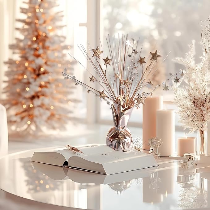 12 Pack Metallic Rose Gold Foil Spray Centerpieces Stars Brust Table Centerpieces for Wedding Birthday Anniversary Holiday Party Decor, Metallic Star Balloon Wights for Party