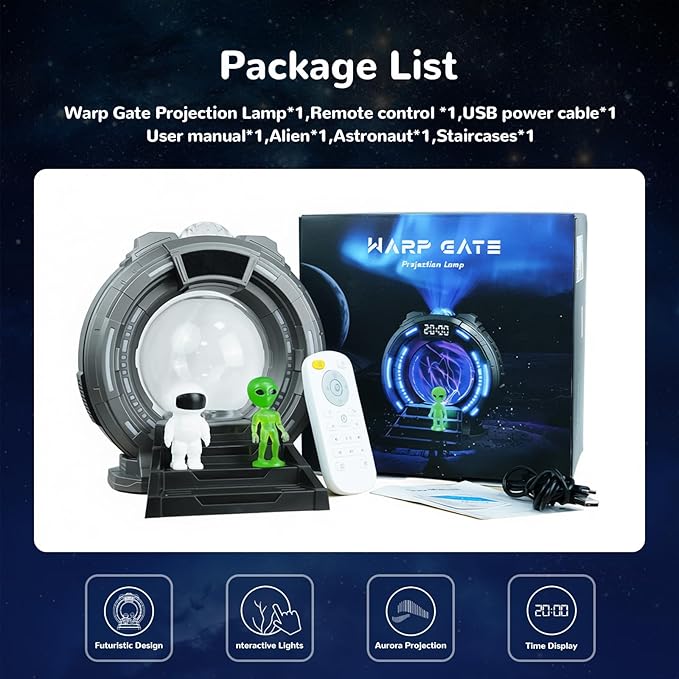 Galactic Portal Galaxy Projector Lamp with Plasma Ball – Aurora Projector Night Light with Bluetooth Speaker, Astronaut & Alien Room Decor for Kids & Teens