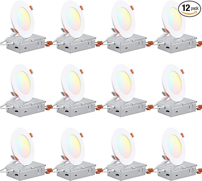 TORCHSTAR 12-Pack 4 Inch 5CCT Ultra-Thin LED Recessed Lighting, CRI 90, 2700K3000K3500K4000K5000K Selectable, 9W Dimmable Slim LED Downlight, ETL Listed