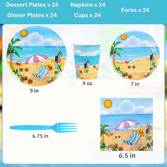 Atonofun Beach Party Supplies, Beach Plates and Napkins Set, Disposable Beach Plates, Cups, Napkins and Cutlery for Birthday, Pool, Summer Party, Baby Shower, Beach Themed Party Decorations Serves 24