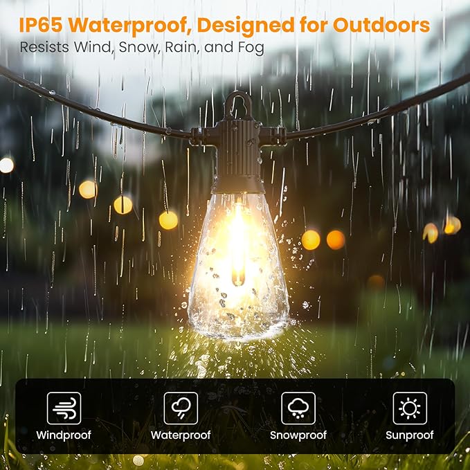 Kawaya Outdoor String Lights for Patio - ST38 Outside IP64 Waterproof Hanging Light with 2700k~6000k Dimmable - 50FT Led Edison Lights for Cafe Bistro Yard Gazebo Porch
