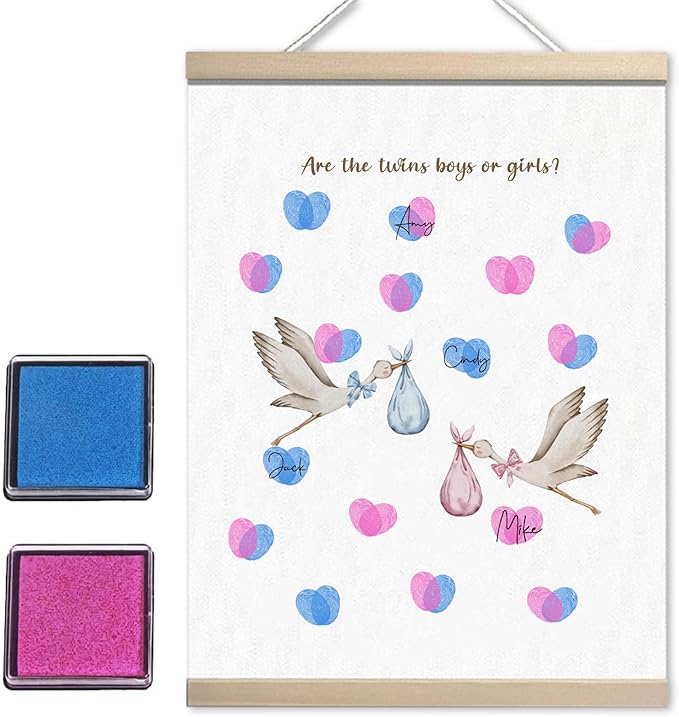 Boho Stork Twins Baby Shower, Modern Twins Two Babies Pink and Blue Shower, Gender Reveal Fingerprint Tree Canvas Guest Books,Thumbprint Hanging Paintings(12x15in)