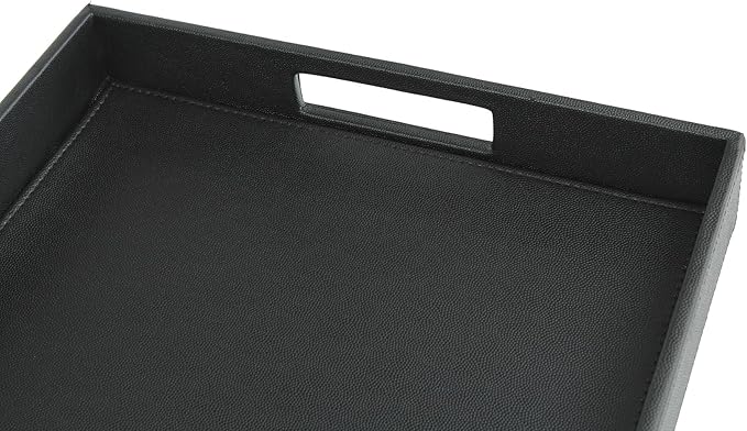 HofferRuffer Rectangle Serving Tray with Hole Handles for Coffee Table, Breakfast, Tea, Food, Butler - Countertop, Kitchen, Vanity Serve Tray, 16.2 x 12.2 x 2 inches, Faux Leather Tray (Black)