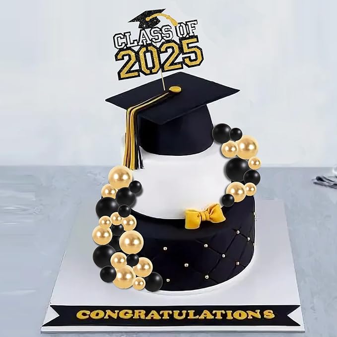 BEISHIDA 40 Pcs Ball Cake Toppers Mini Balls Cake Decorations Black Gold Foam Balls Sticks DIY Cake Topper for Baking Congrats Grade 2025 Graduation Birthday Retirement Party Decorations (Black Gold)