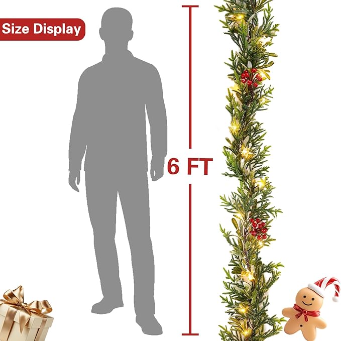 Flopttsu 6FT Prelit Christmas Pine Garland, Artifical Greenery Garland Realistic with Battery Operated Timer,Gold Vines for Mantle Staircase Fireplace Window Ourdoor
