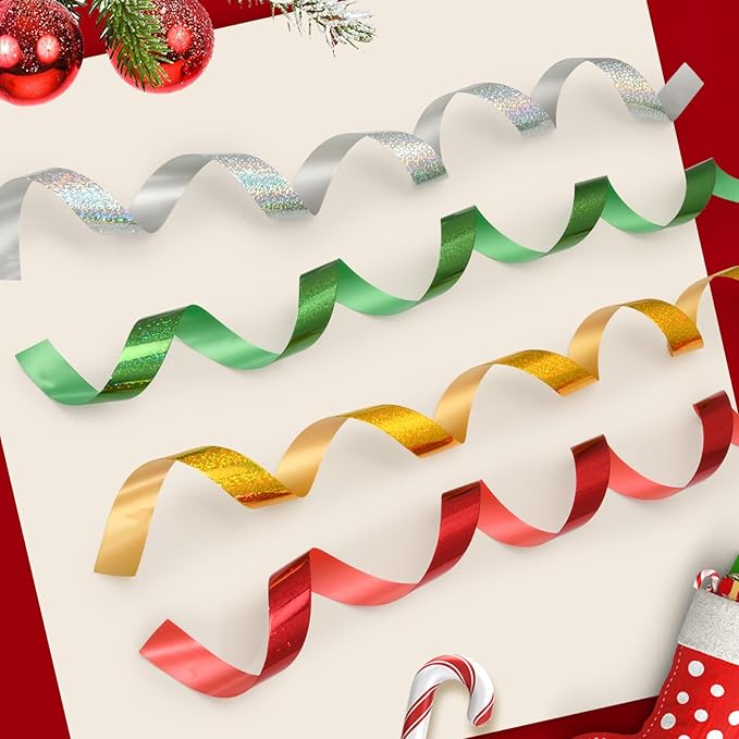 4 Rolls Wrapping Shiny Waterproof Ribbon for Christmas, 50 Yards Curling Plastic Ribbon for Gifts Package Wrapping, Bows, Festival Craft Party Decor (Green, Silver, Red, Gold,1 Inch)