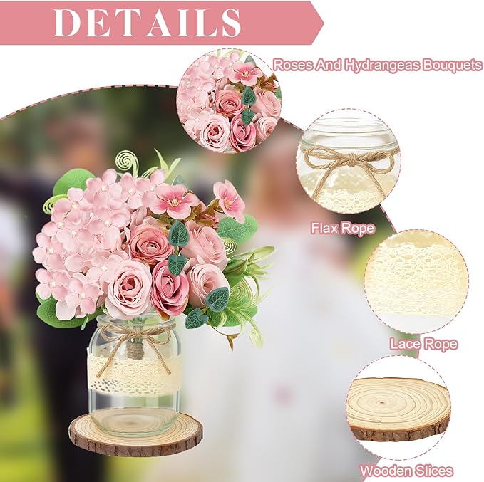 Set 10 Mason Jar Table Centerpiece - Wedding Centerpieces for Tables, Mason Jar Flower Centerpiece Vases Decor- Boho Farmhouse Rustic for Engagement, Bridal Shower, Wedding, Versatile Decor (Pink)