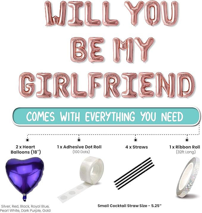 Will You Be My Girlfriend Balloons Banner with Two 18" Heart Balloons - Romantic Proposal Decorations for Prom/Date Night, Valentine’s Day - 16" Foil Letters with Straws, Ribbon, Adhesive Dots