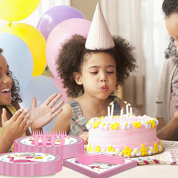 96 PCS Pink Dinosaur Party Supplies, Dinosaur Birthday Party Tableware Set for Girls Pink Dino Plates Napkins Forks for 24 Guests