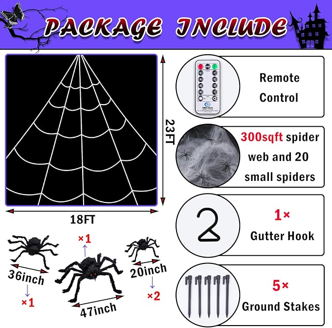 23Ft Light Up Spider Web Halloween Decorations Outdoor, 180 Orange and Purple LED Giant Web, 24 Spiders & 60g Stretch Cobweb Decor, 8 Modes Scary Lights for Outdoor Yard