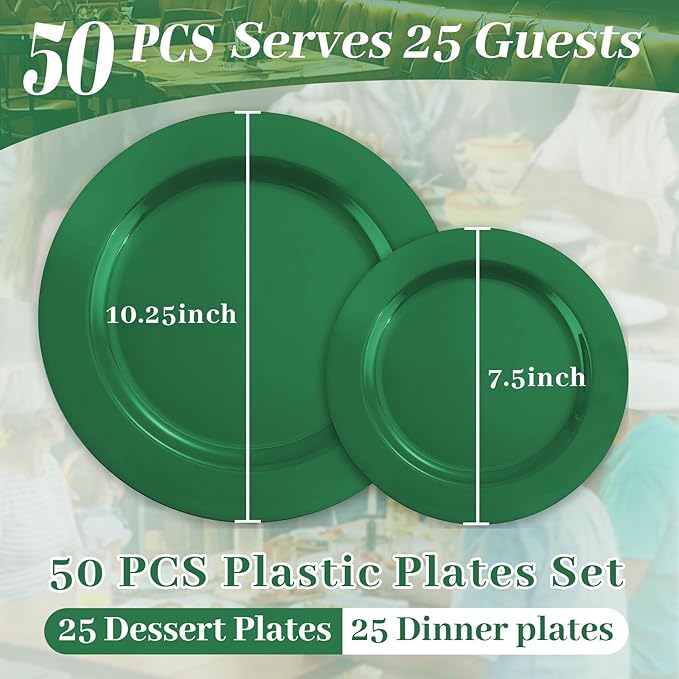 MENDENG 50PCS Green Plastic Plates for Party, 25x10.25 Dinner Plates & 25x7.5 Dessert Plates, Heavy Duty Disposable Plastic Plates for Party Birthday Christmas