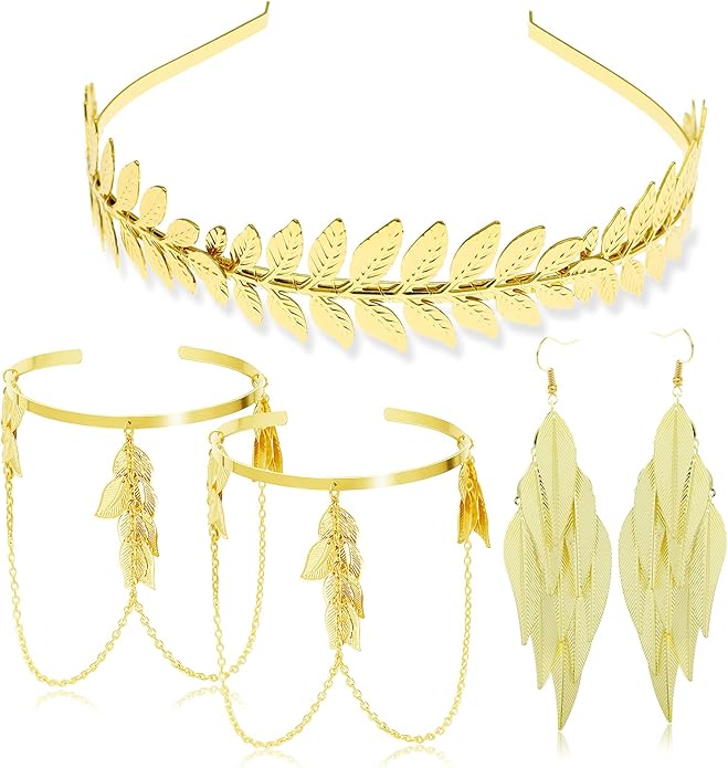 RechicGu 4 Pieces Grecian Goddess Leaf Laurel Costume Accessories Set Roman Toga Party Headband Upper Arm cuff Bracelet Band Earrings Jewelry Women Golden
