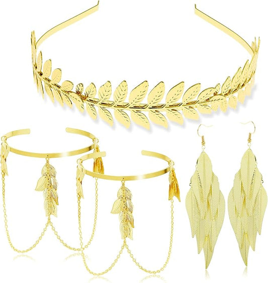 RechicGu 4 Pieces Grecian Goddess Leaf Laurel Costume Accessories Set Roman Toga Party Headband Upper Arm cuff Bracelet Band Earrings Jewelry Women Golden