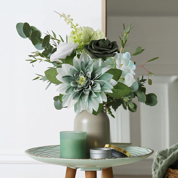 AmyHomie Forest Sage Green White Artificial Flowers Combo Silk Rose Fake Flowers w/Stem for DIY Wedding Bouquets Centerpieces Arrangements Table Fall Decor Party Bridal Baby Shower Home Decorations