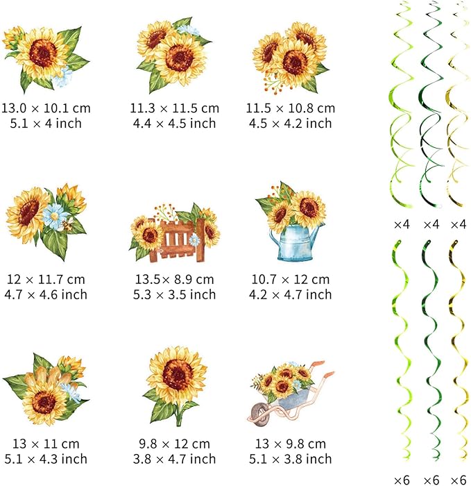 Sunflower Party Hanging Swirls, 48 Pcs,Rustic Horticulture Garden Party Decoration Sign,Flower Theme Party Supplies for Birthday,Baby Shower, Wedding,Yellow Black Green