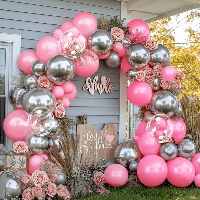 Pink Silver Balloon Garland Double Stuffed Light Pink Balloon Arch Kit with Clear Bobo Balloons for Birthday Baby Shower Wedding Bridal Shower Princess Party Decorations