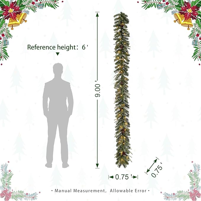 Glitzhome 9ft Pre-Lit Christmas Garland, Greenery Garland with Pine Cones Warm White LED Lights and Timer Pine Garland for Mantle Fireplace Stairs Front Door Window Christmas Party Decorations