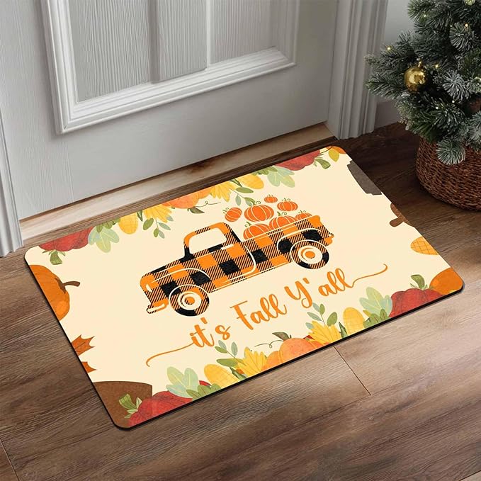 Fall Welcome Maple Leafs Decorative Door Mat, Autumn Thanksgiving Doormat for Indoor Outdoor Entrance Floor Mats,Fall Pumpkins Non Slip Harvest Vintage Decor Rubber Welcome Mats 30" x 18" Inch