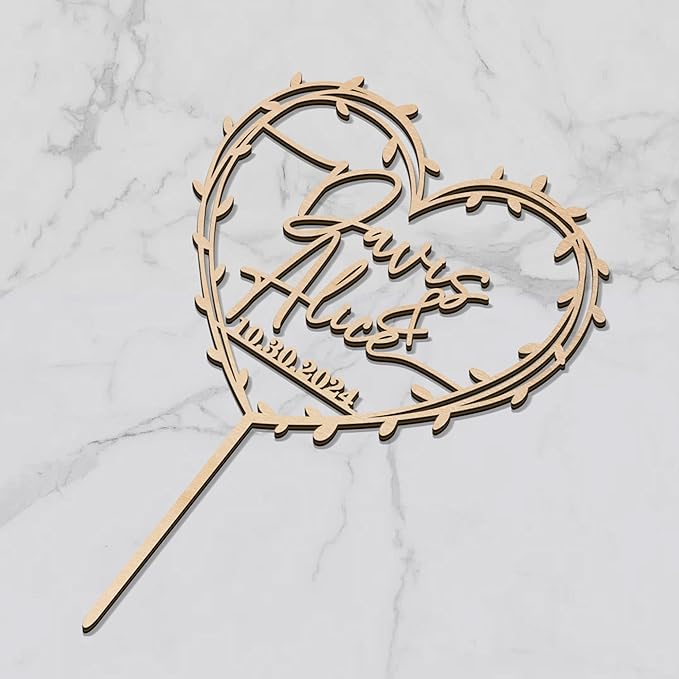 Custom Names and Date Wedding Cake Topper Pesonalized Wedding Anniversary Cake Decoration Heart Wreath Design in Plain & Metallic Finish Wood