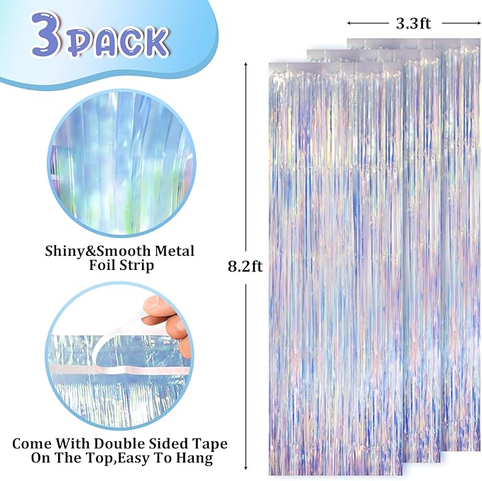 Iridescent Party Backdrop 3Packs Transparent Tinsel Foil Fringe Curtain for Frozen Mermaid Sea Birthday Party Decorations, 3.3x8.2ft Streamers Backdrops