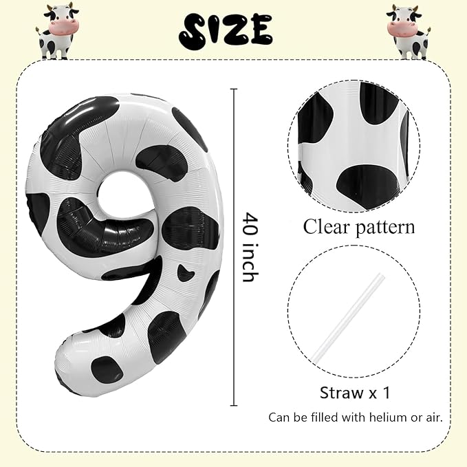 Cow Print Number Balloons, Large Foil Number 9 Balloon 40 Inch Cow Balloon for Boys Girls Birthday Decoration Cow Themed Birthday Party Decorations Farm Animal Party Supplies