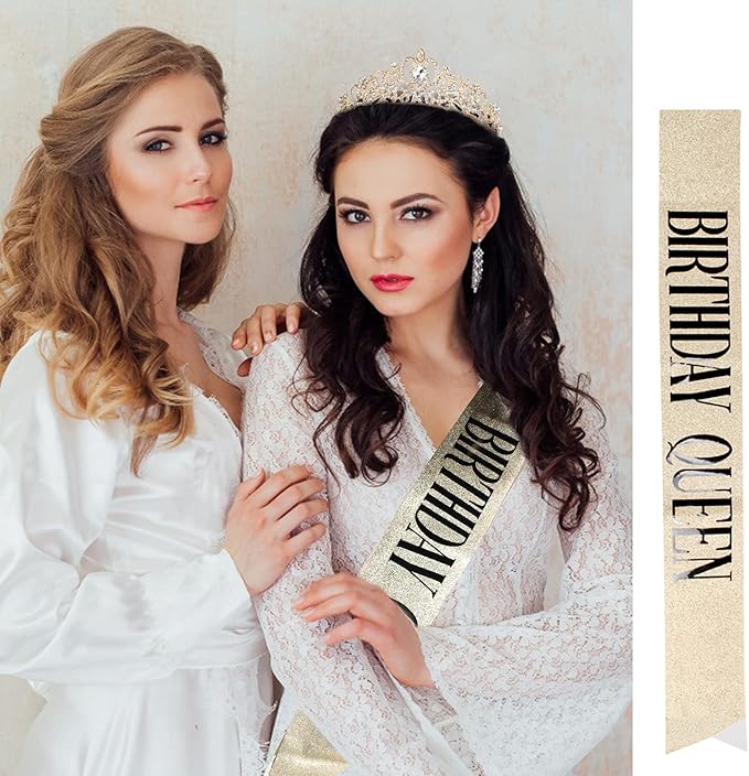 Velscrun Birthday Queen Tiaras Crown for Women, Girls Princess Crowns for Women, Queen Tiara for Mom, Golden Yellow Rhinestones Birth Crown Headband Birth Sash, 50th Birthday Prom Party Decorations