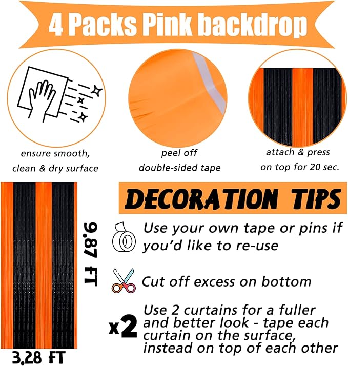4 Pack Fringe Curtain Backdrop, 3.2Ft x 9.8Ft Black Orange Metallic Tinsel Foil Fringe Streamers Background for Photo Booth Birthday Wedding Baby Shower Carnival Easter Mother’s Day Party Decorations