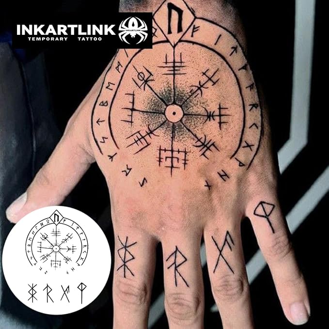 INKARTLINK Semi-permanent Tattoo, Fake Palm Tattoo, Suitable for Men and Women, Realistic, Waterproof and Cruelty-free (Viking Symbol Compass)