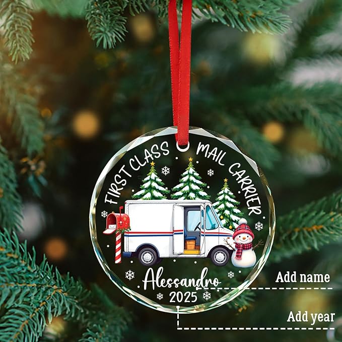 Personalized First Class Mail Carrier Christmas Glass Ornaments, Mail Truck Xmas Ornament 2025, Postman Mailman Postal Worker Christmas Ornament Keepsake Gift, Custom Name & Year for Xmas Tree Decor