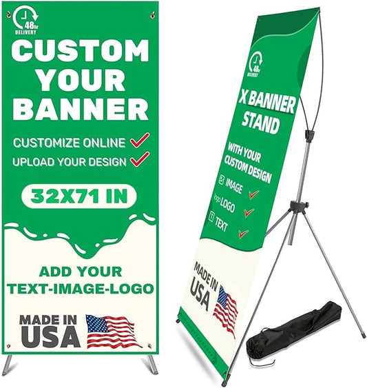 Custom Banner with X Stand 32" X 71",Banners and Signs Customize,Portable Retractable Banner with Travel Bag for Advertising, Party,Graduation Celebration,Exhibition-only stand