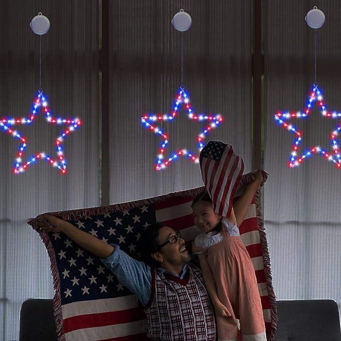BlcTec 4th of July Decorations, 2 Pack Patriotic Red White Blue Star Window Lights with Suction Cups, Timer, Battery Operated Durable Metal Frame Silhouette Lights for July 4th Window Wall Decorations