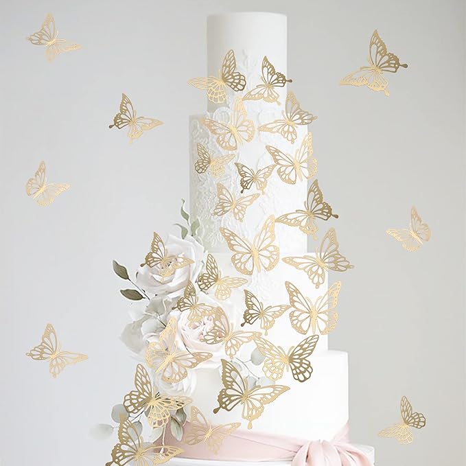 40 PCS Laser 3D Butterfly Cupcake Toppers Hollow Arts Cake Decorations for Baby Shower Wedding Fairy Birthday Party Supplies Wall Sticker Decoration Mixed Styles Gold
